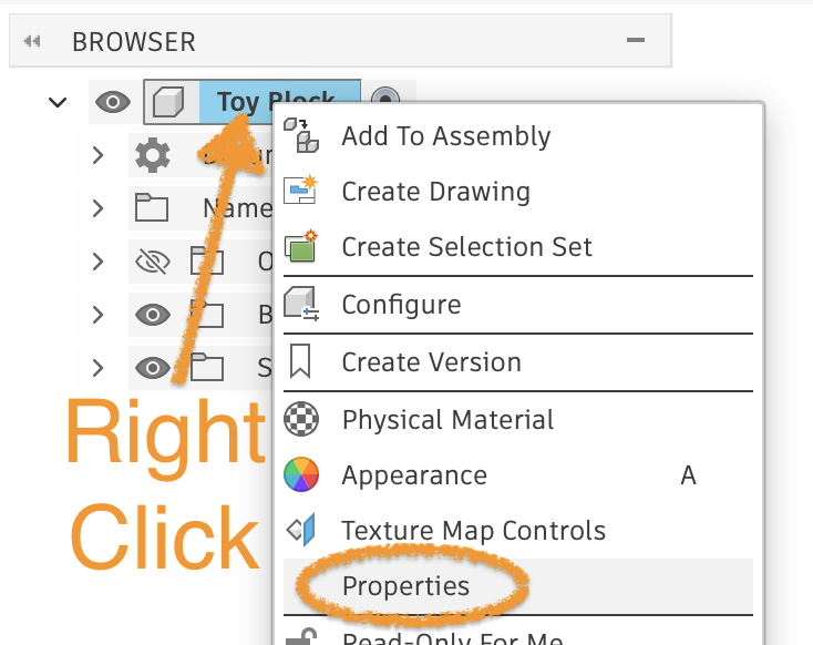 Right-click the part name in the browser, then click Properties