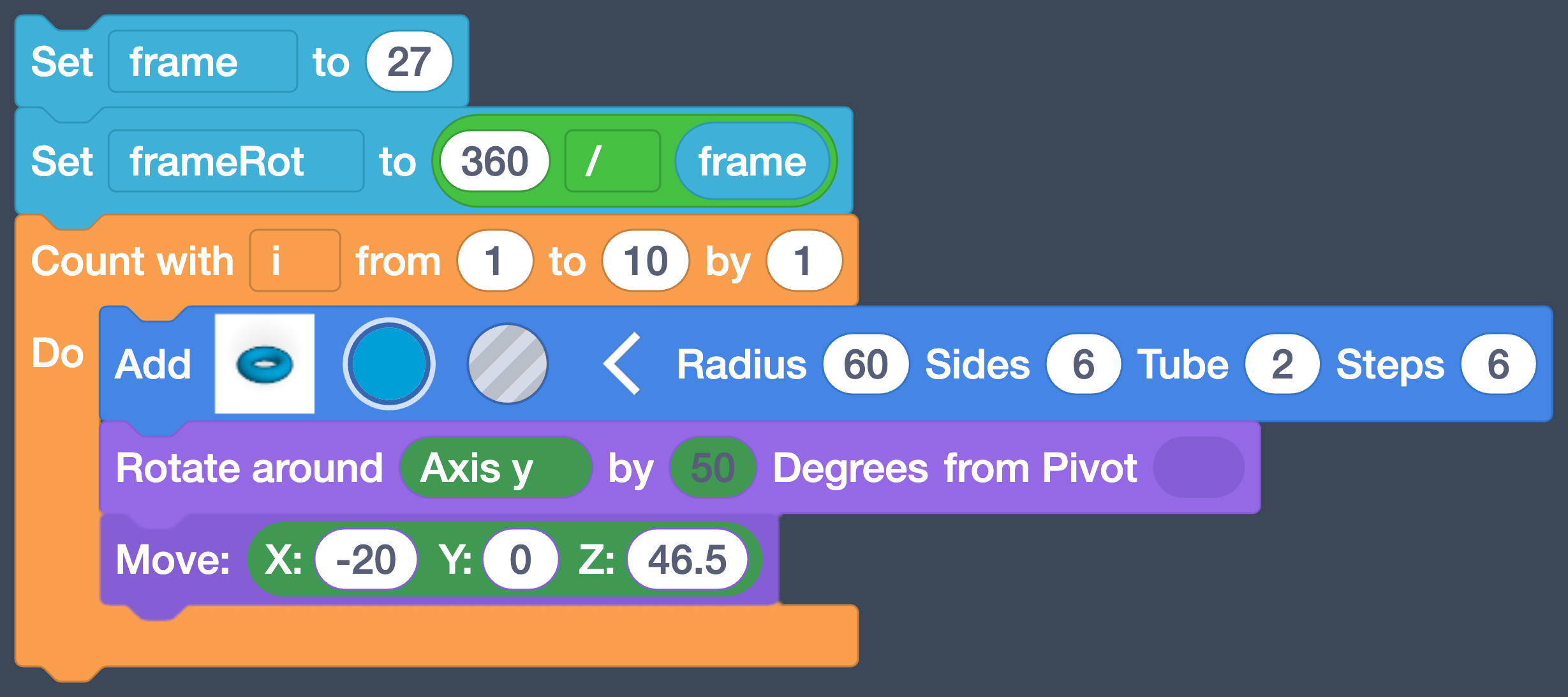 The Set blocks, then the Count with loop with the ring blocks inside it.