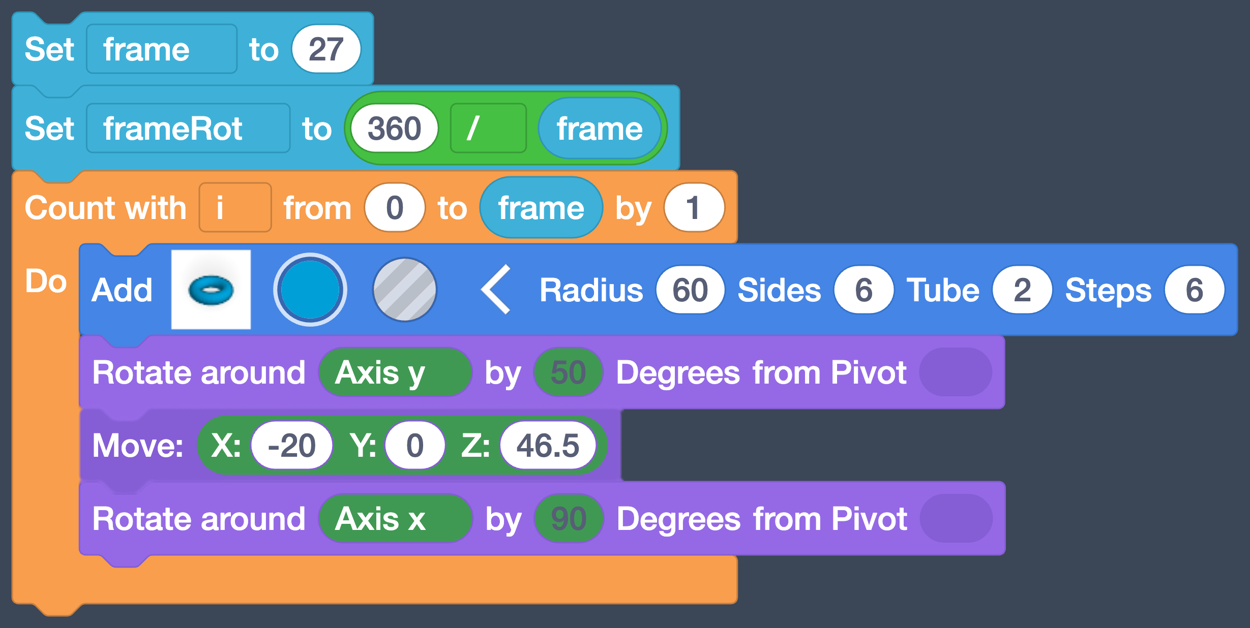 A second Rotate around block inside the loop, below the Move.