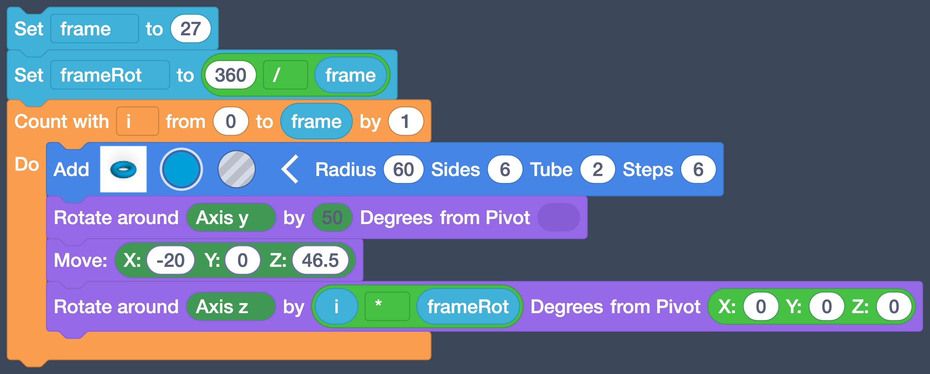 The Rotate block reading Rotate around Axis z by i * frameRot Degrees from Pivot X 0 Y 0 Z 0.