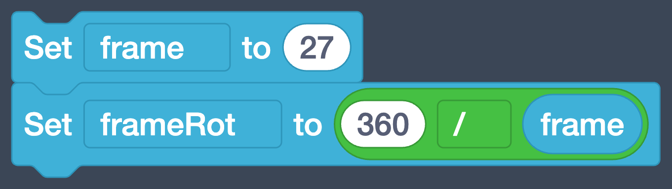 Two Set blocks: frame to 27, frameRot to 360 / frame.