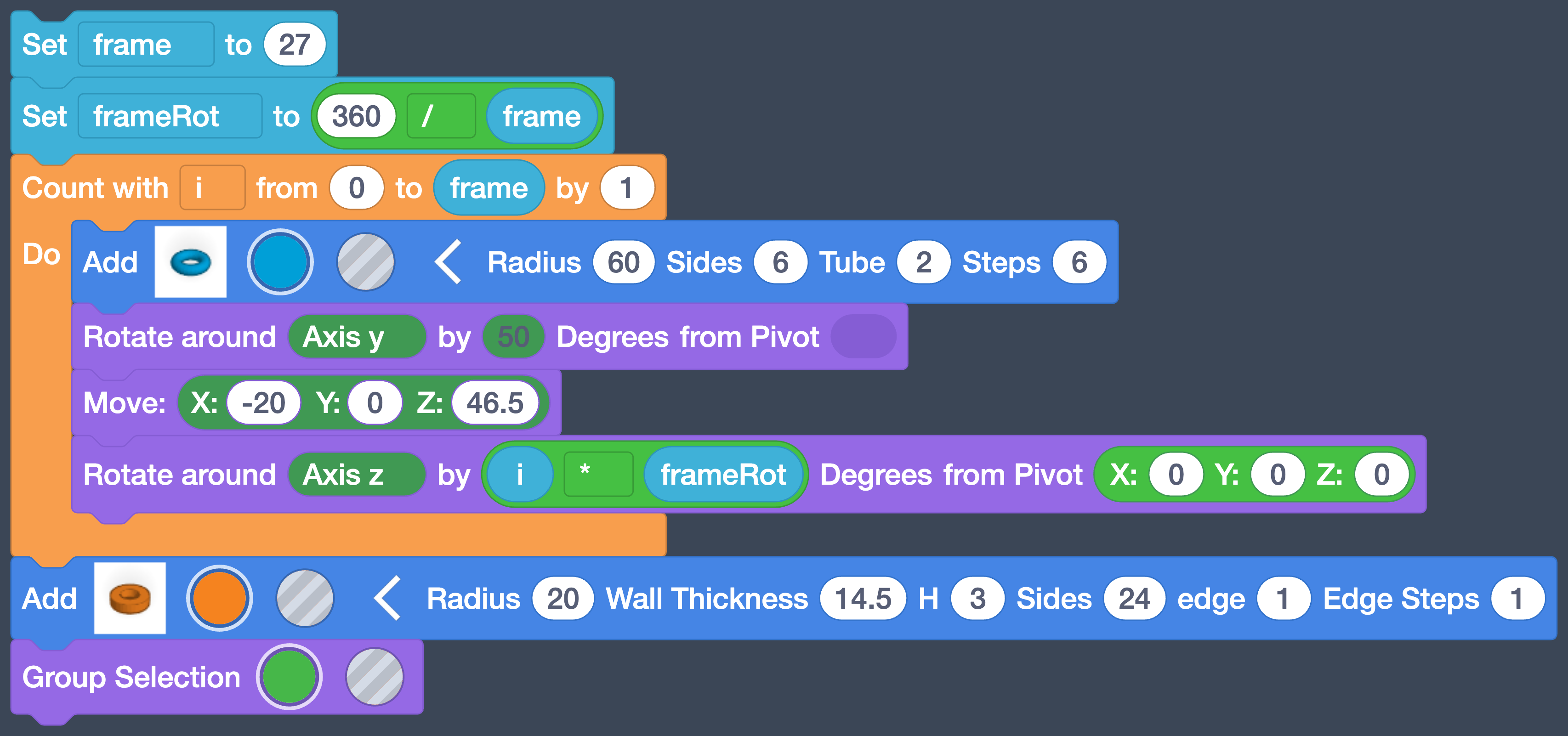 The complete program: two Set blocks, the Count with loop holding the ring blocks, the tube, and Group Selection.