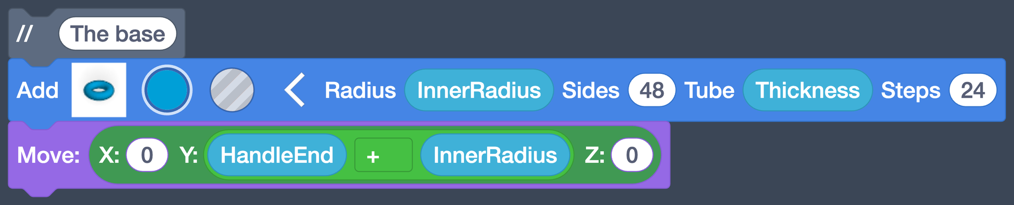 The base section with Move Y set to HandleEnd + InnerRadius.