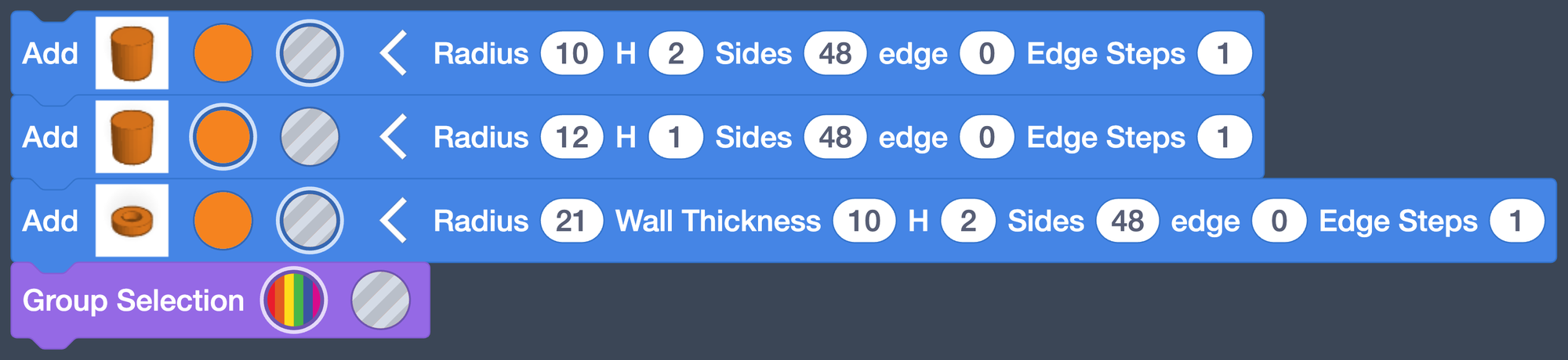 The four blocks of the ring: hole cylinder, solid cylinder, hole tube, Group Selection.