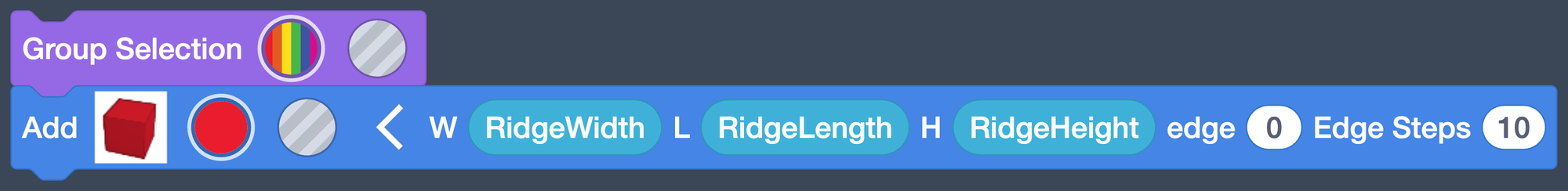 The Box block under Group Selection with W RidgeWidth, L RidgeLength, H RidgeHeight.