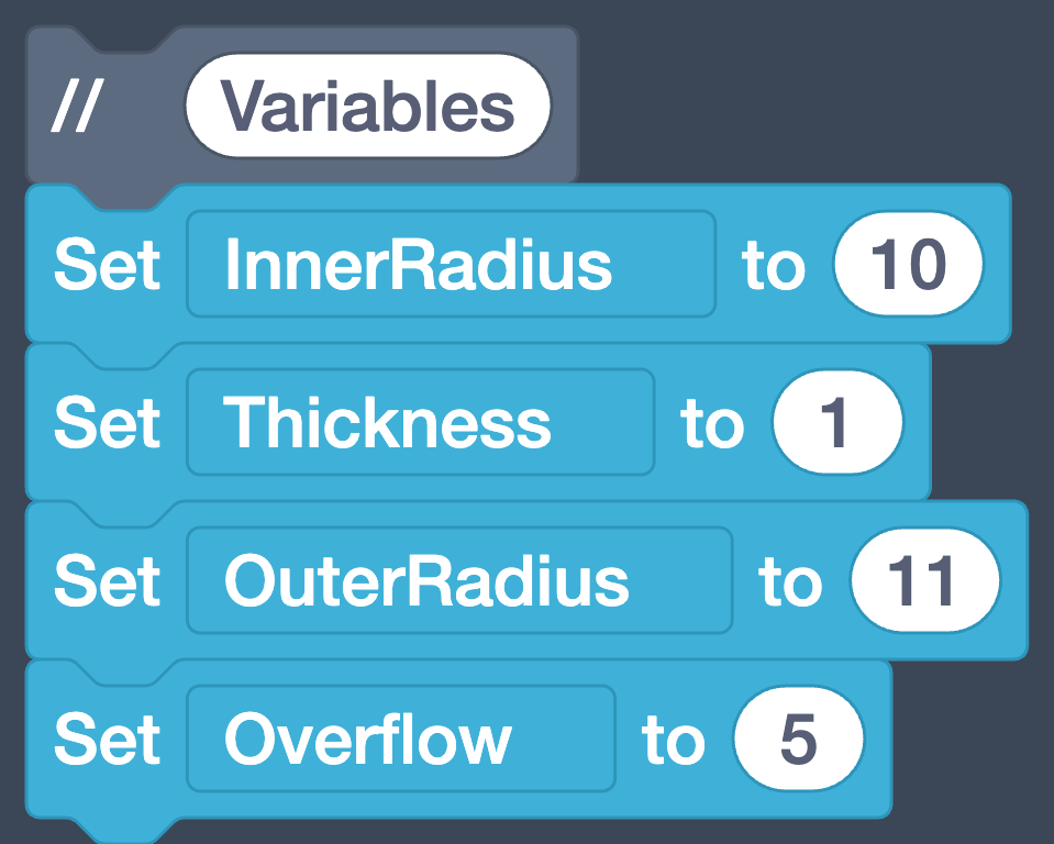 A Comment block reading Variables above the Set blocks.