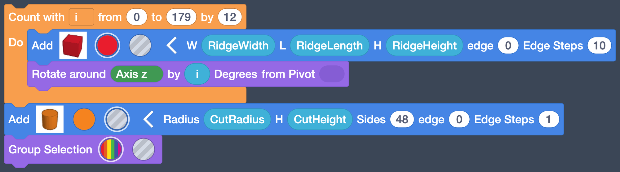 The loop, then a hole cylinder with Radius CutRadius and H CutHeight, then Group Selection.