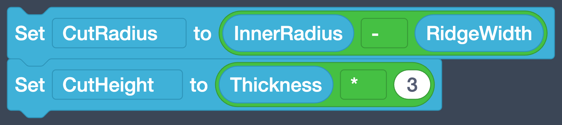 Two Set blocks: CutRadius to InnerRadius - RidgeWidth, CutHeight to Thickness * 3.
