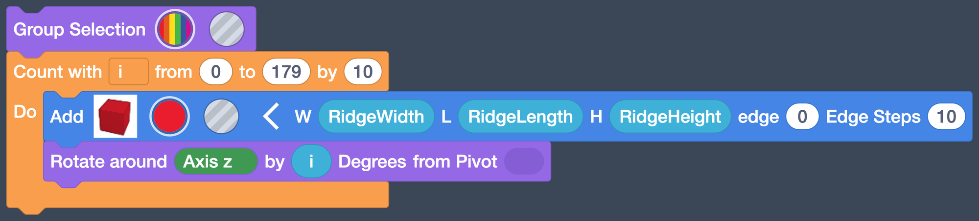 The loop set to count with i from 0 to 179 by 10.
