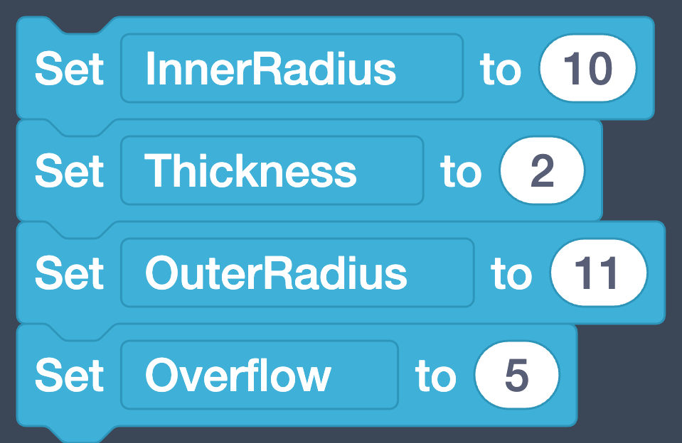 The first four Set blocks, with Thickness now 2.