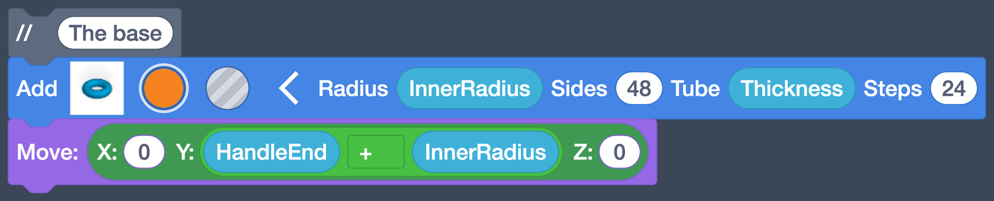 The torus block with its color changed to orange.