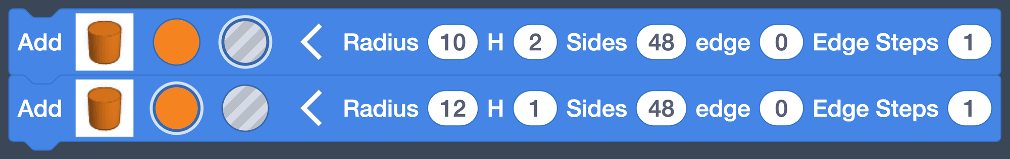 Two cylinder blocks: the hole with Radius 10 and H 2, and a solid one with Radius 12 and H 1.