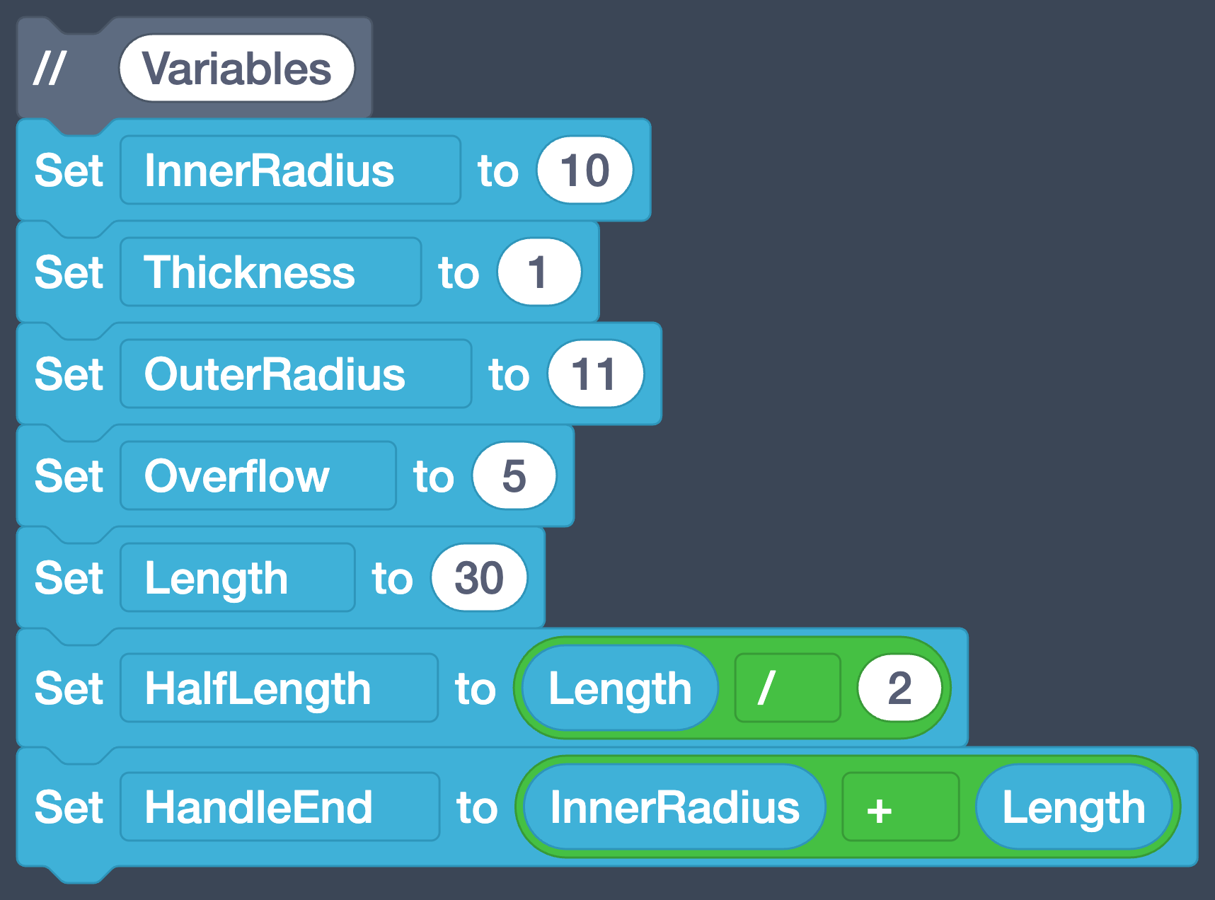 The Variables section, now ending with Set HandleEnd to InnerRadius + Length.