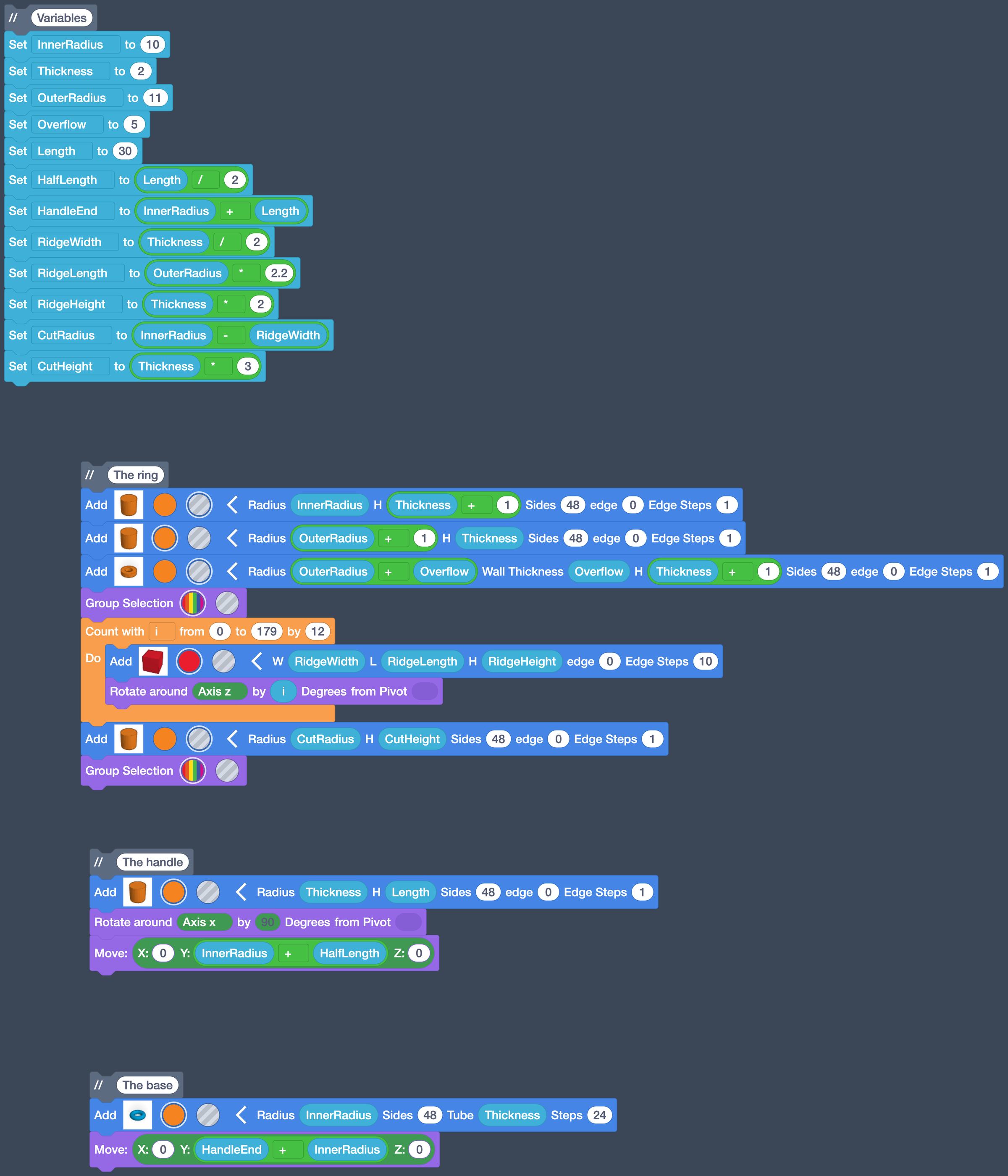 The complete program: Variables, The ring with the loop and cut, The handle, The base.
