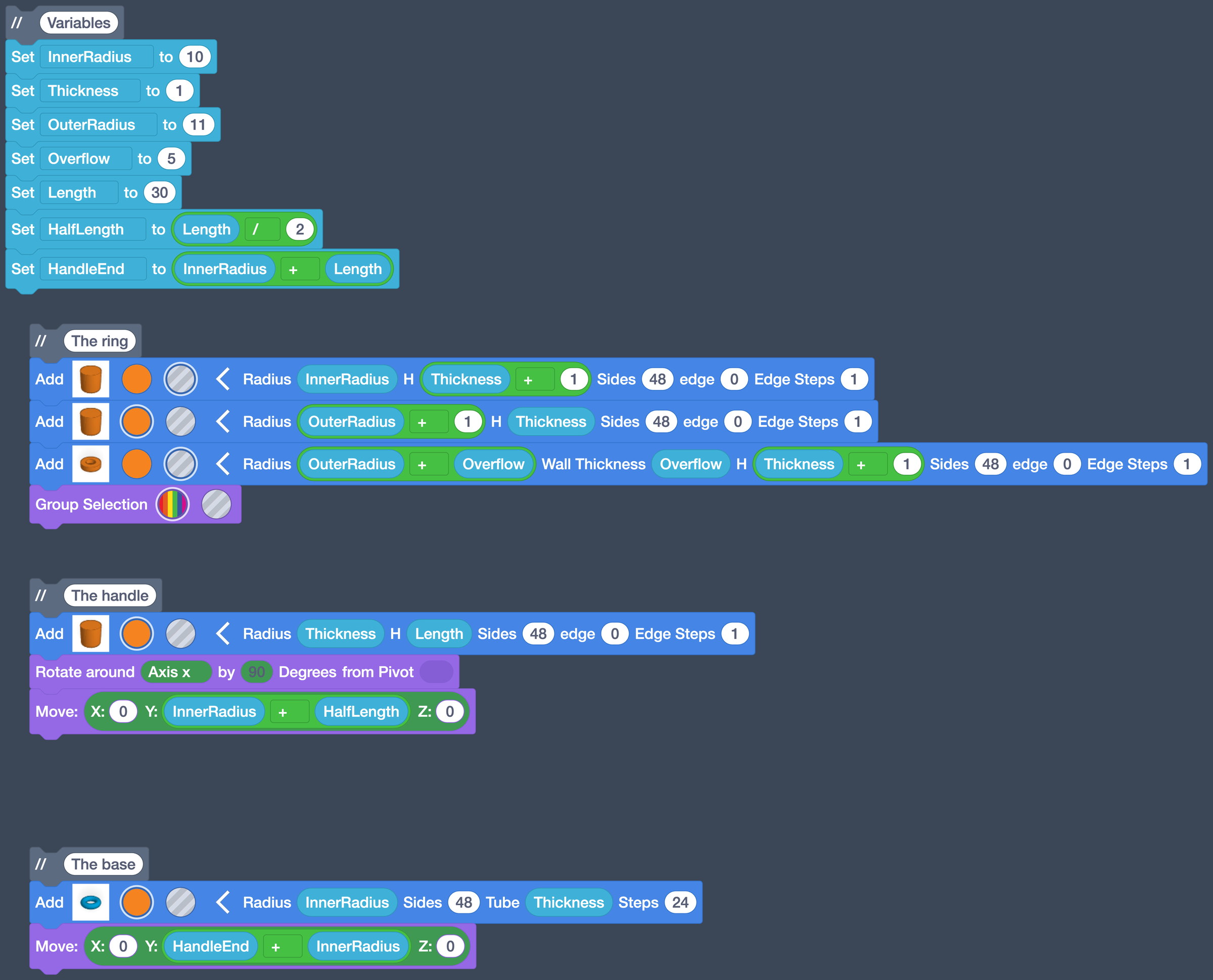 The complete program: Variables, The ring, The handle, and The base.