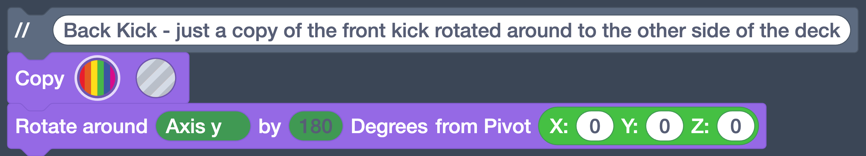 The comment, Copy, and Rotate blocks for the back kick.