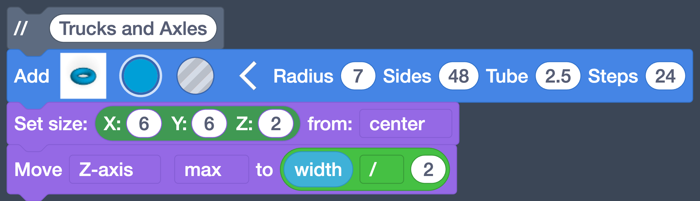 The comment, Torus, Set size, and Move blocks for the first ring.