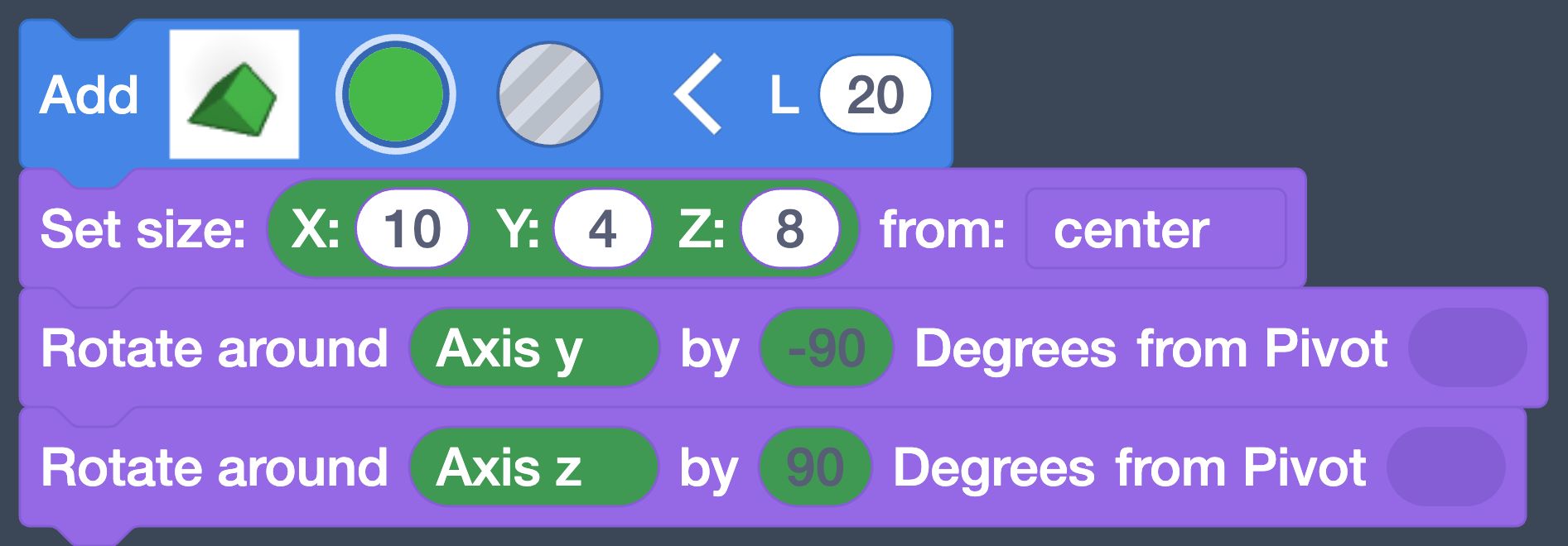 The Roof, Set size, and two Rotate blocks.
