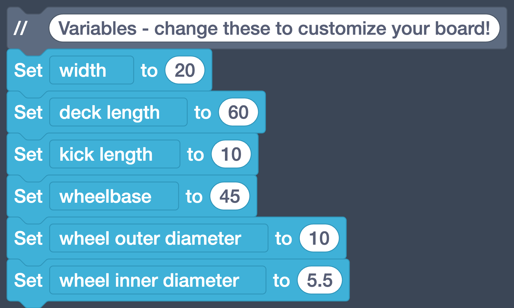 A comment block, then six Set blocks: width 20, deck length 60, kick length 10, wheelbase 45, wheel outer diameter 10, wheel inner diameter 5.5.