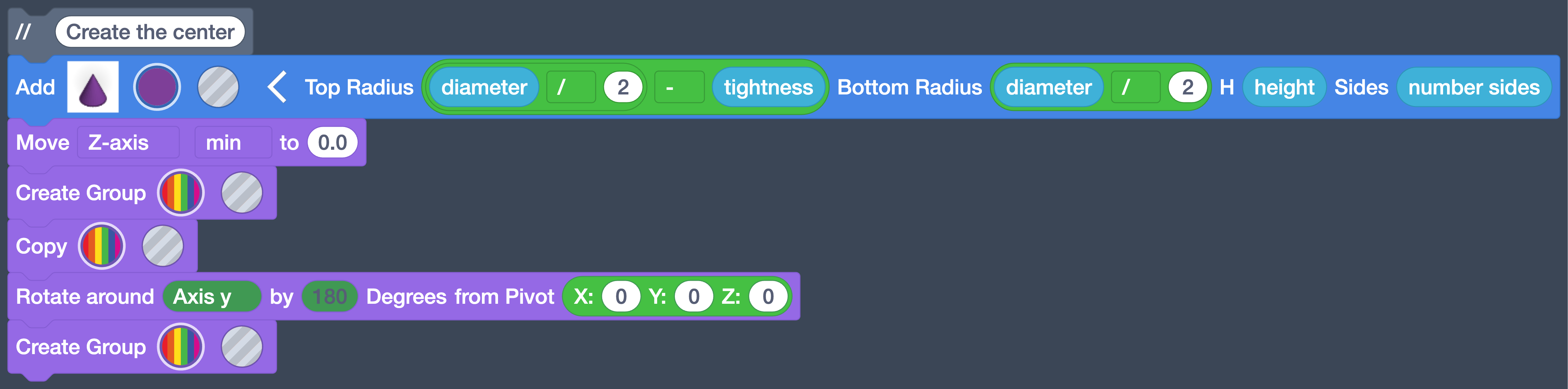 The second stack: comment, solid cone, move, group, copy, rotate, group.