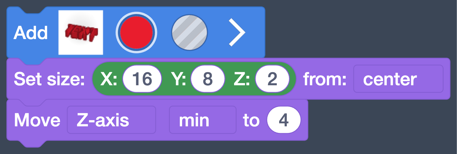 The Go Further blocks: the Text shape (folded up), Set size, and Move.