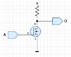 The completed MyNOT gate: pull resistor, transistor, ground, input A, and output O.