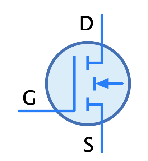 The transistor symbol, showing the Drain (D), Gate (G), and Source (S) pins.