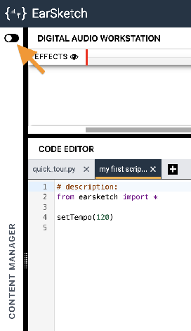 The Content Manager toggle switch on the left edge of the EarSketch window.