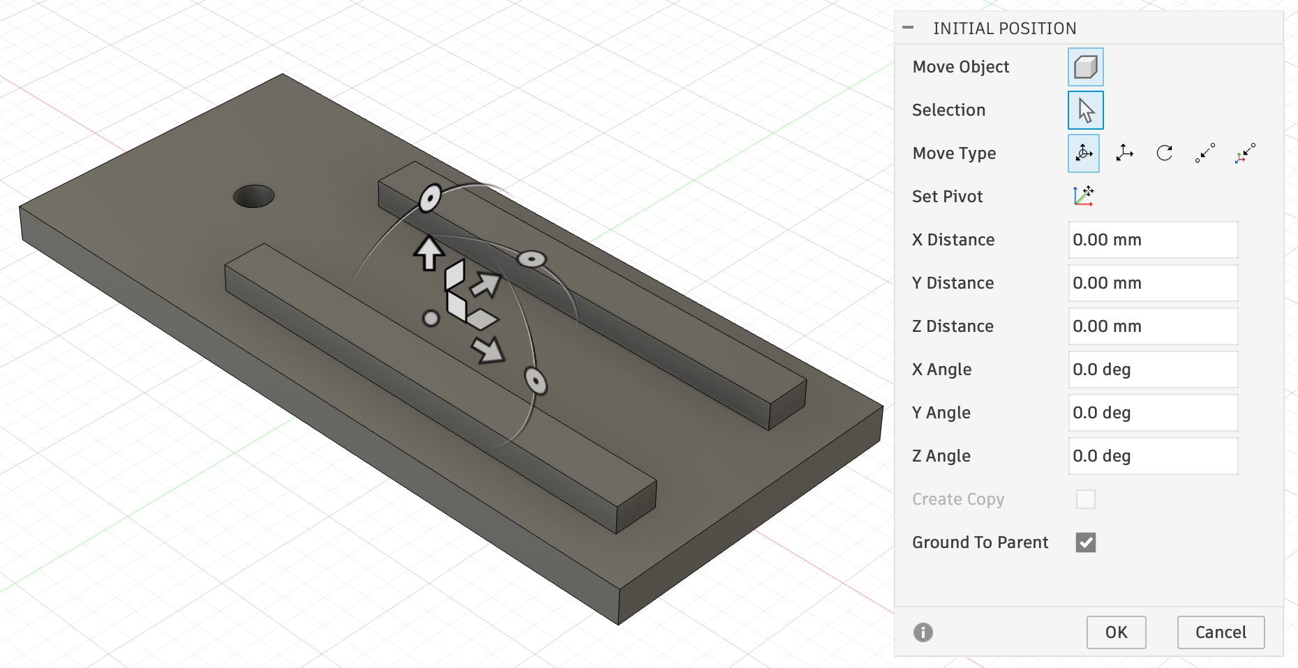 The Base in the design with the Initial Position panel open and Ground To Parent checked.