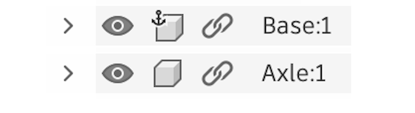 The Browser showing Base:1 with an anchor and Axle:1 without one.