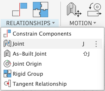 The Relationships menu open with Joint highlighted and its J shortcut shown.