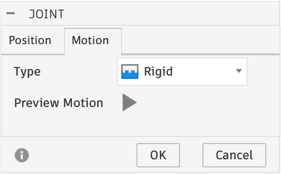 The Joint panel's Motion tab with Type set to Rigid and the Preview Motion button.