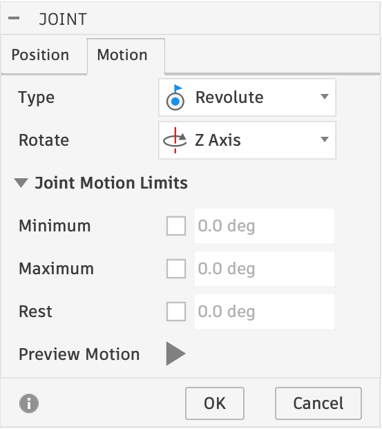 The Joint panel's Motion tab with Type set to Revolute, rotating about the Z axis, and the joint motion limits unchecked.