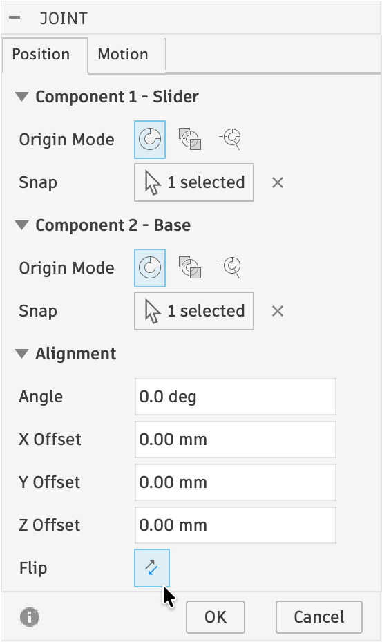 The Joint panel's Position tab with the Flip button highlighted.