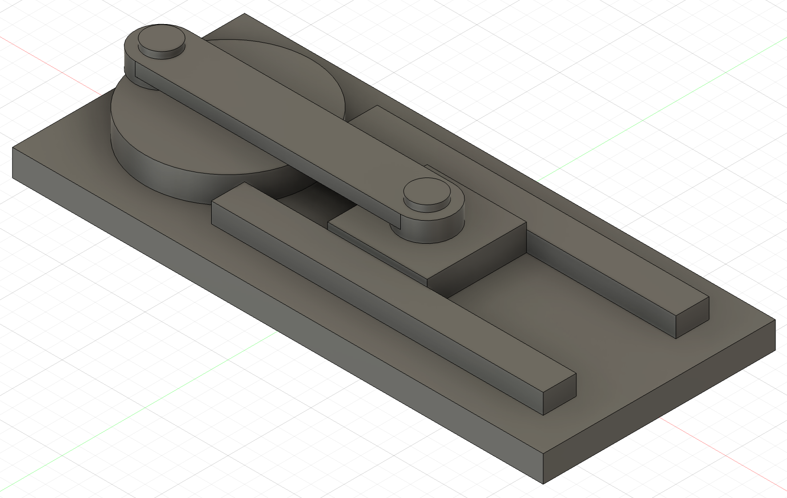 The finished slider-crank assembly: a crank on a base, joined to a slider between two guide rails by a connecting rod.