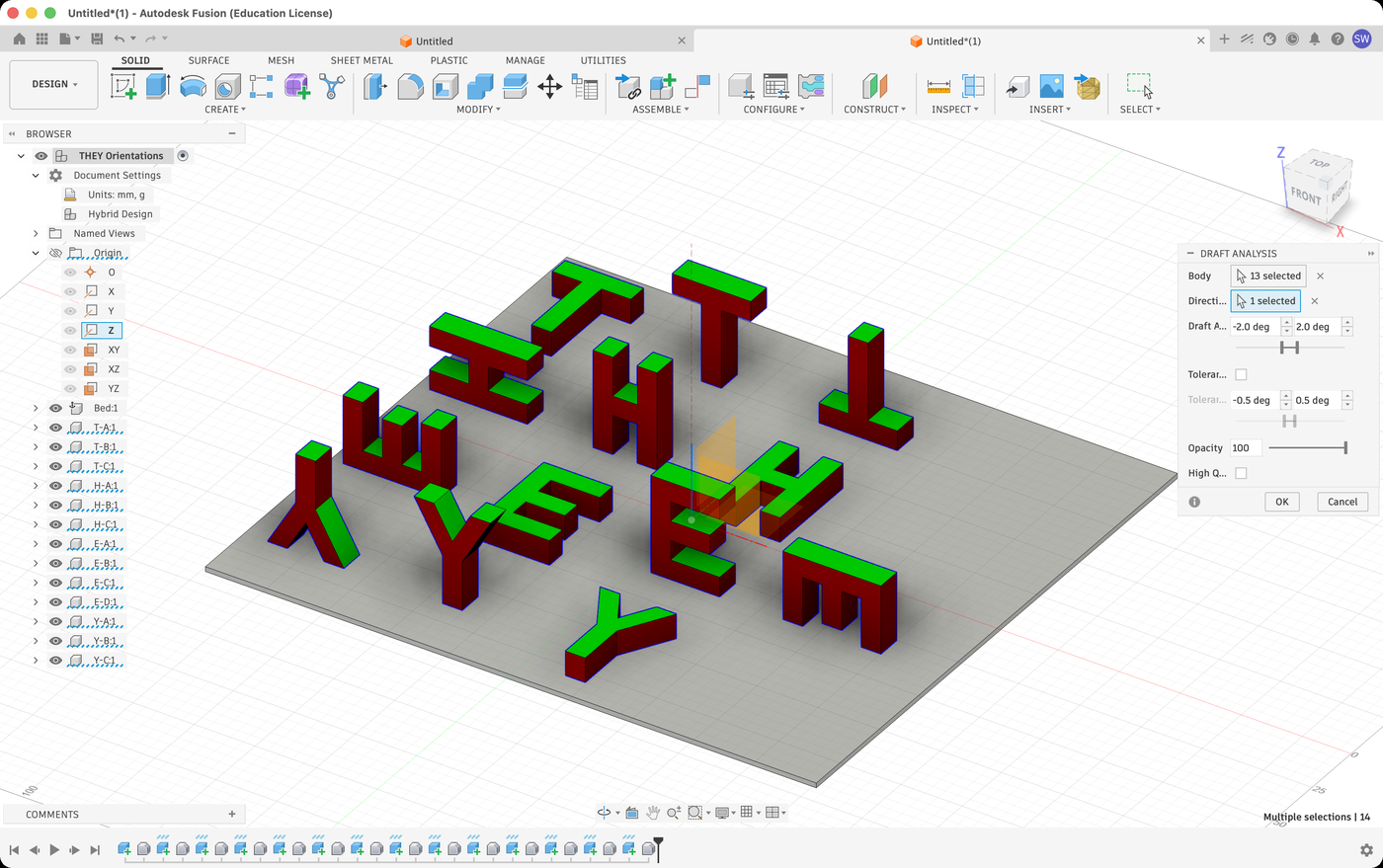 The Draft Analysis dialog with 13 bodies selected, Z picked as the direction, and Tolerance Zone unchecked. The letters are colored green on top and red on their walls.