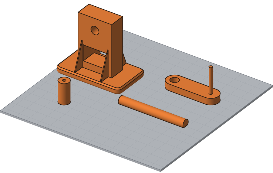 The four Hand Crank parts laid out on a print bed: a bracket with a tower, a crank arm with a thin pin, a knob, and an axle lying on its side.