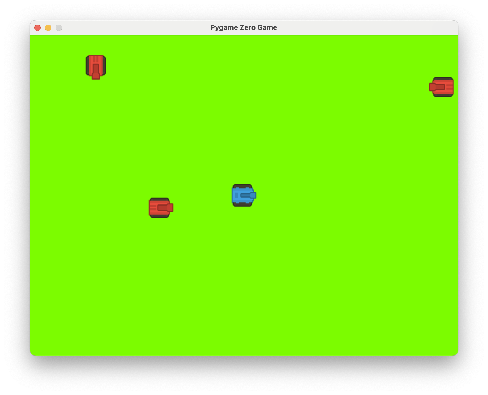 Three red enemy tanks scattered around the blue player.