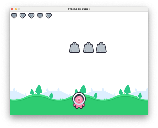 The heart HUD in the corner while weights fall.