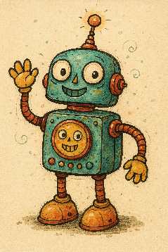 Reeborg, a friendly robot, waving hello.