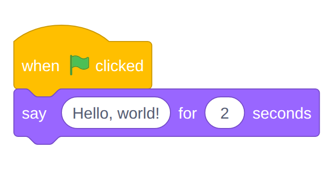 Two blocks: when green flag clicked, say Hello, world! for 2 seconds.