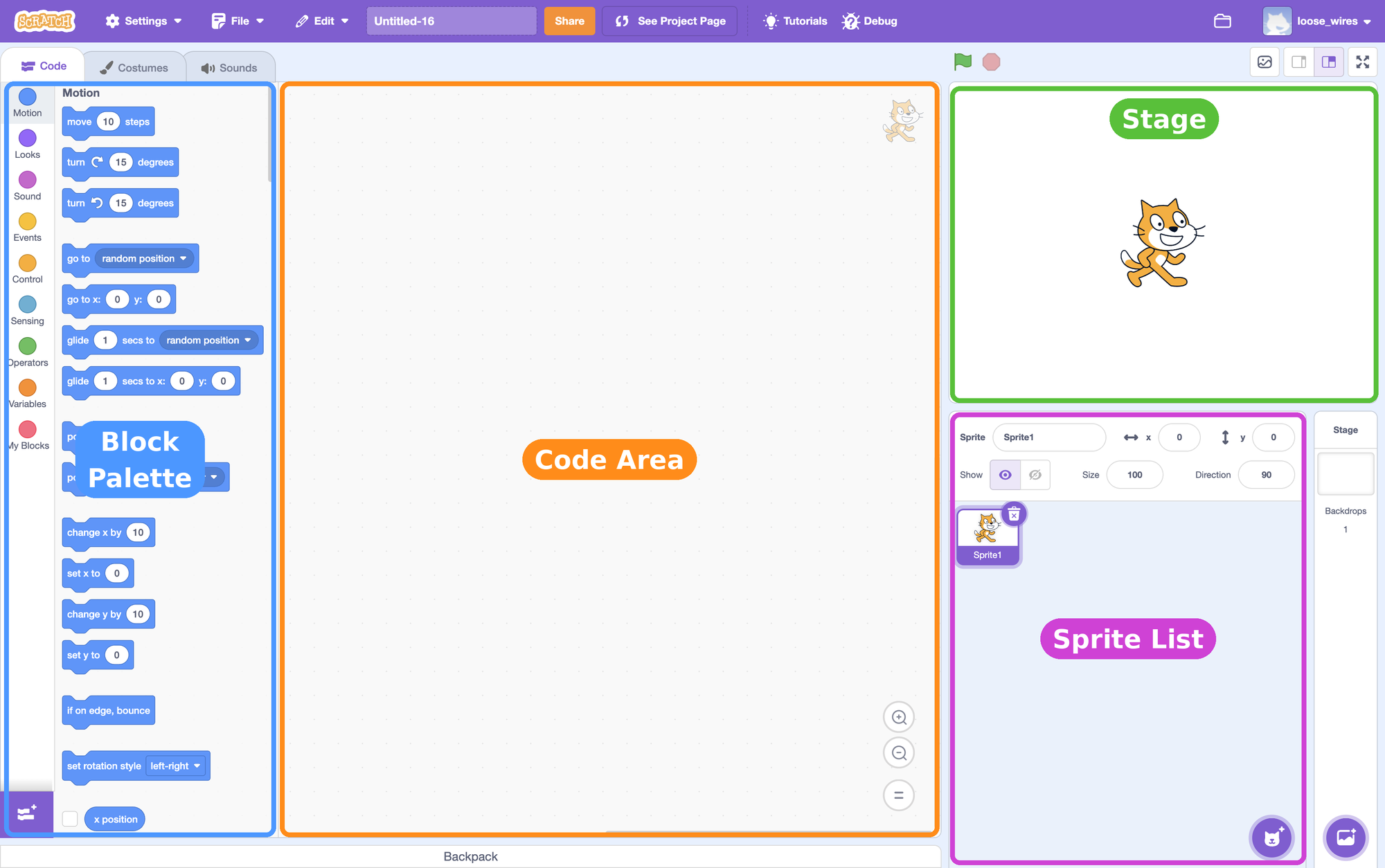 The four areas of the Scratch editor: block palette, code area, stage, and sprite list.