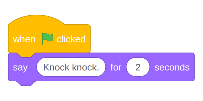 Cat's script: when green flag clicked, say Knock knock. for 2 seconds.