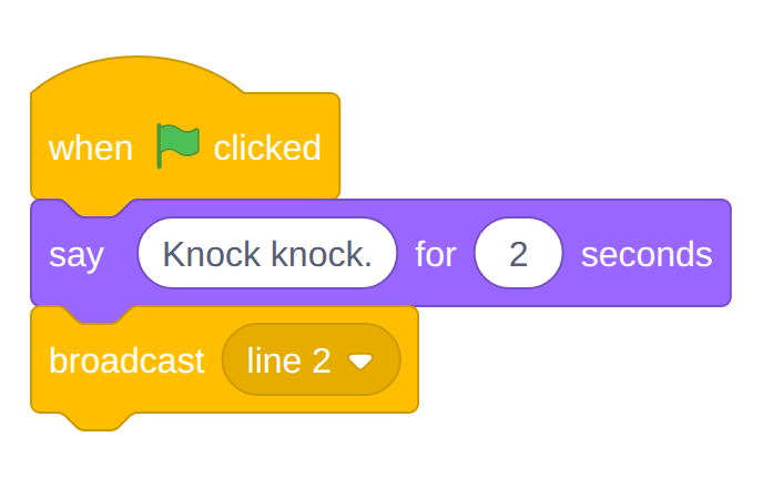Cat's script: when green flag clicked, say Knock knock. for 2 seconds, broadcast line 2.