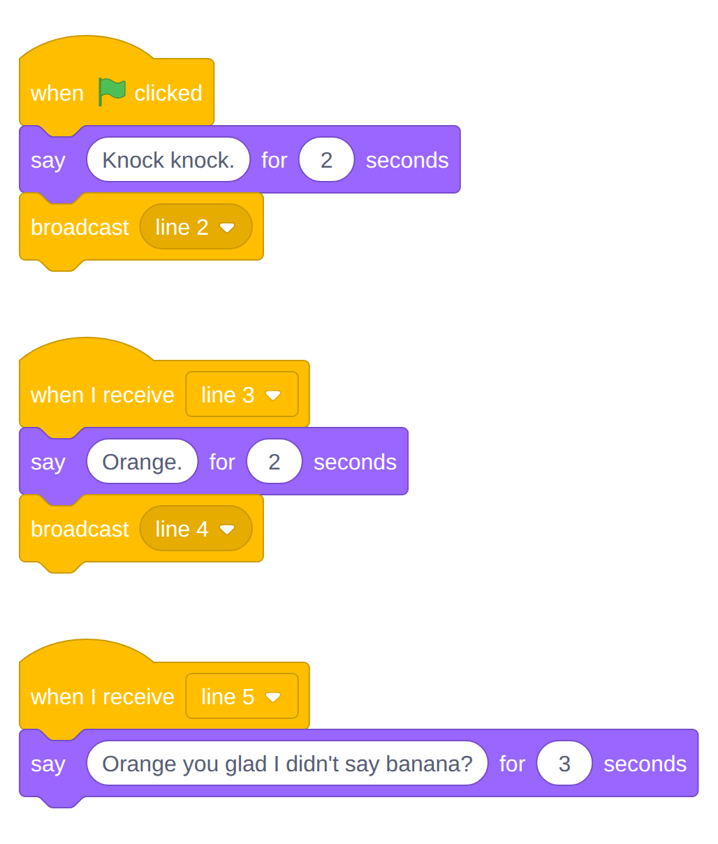Cat's three scripts side by side: green flag and Knock knock; receive line 3 and Orange; receive line 5 and the punchline.