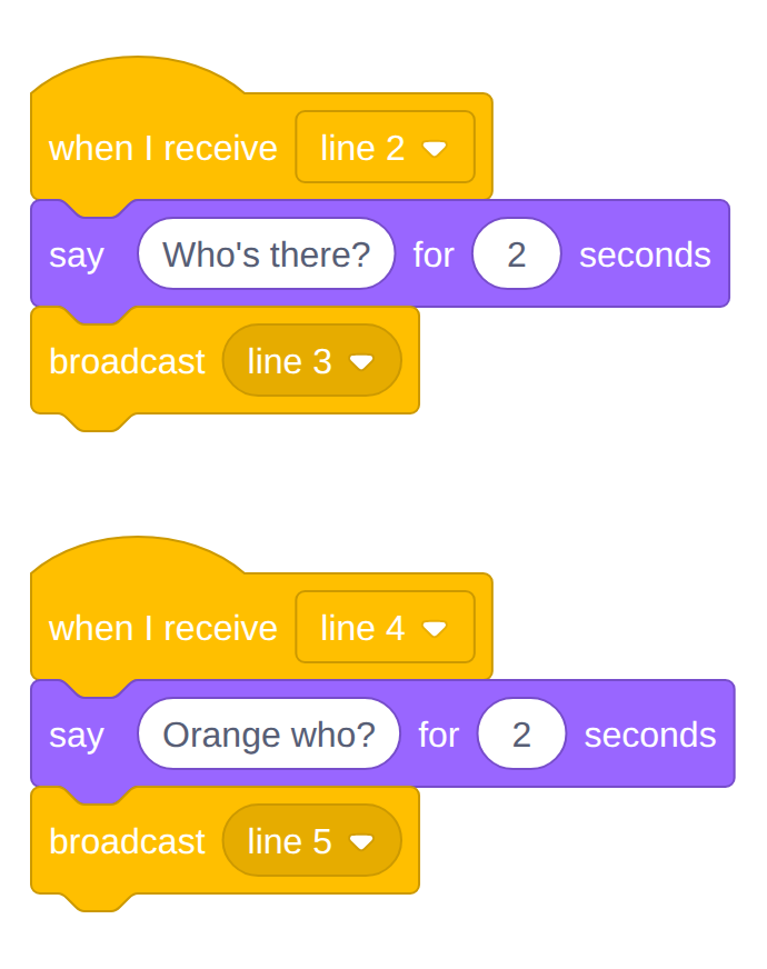 Orange's two scripts: receive line 2 and Who's there; receive line 4 and Orange who.