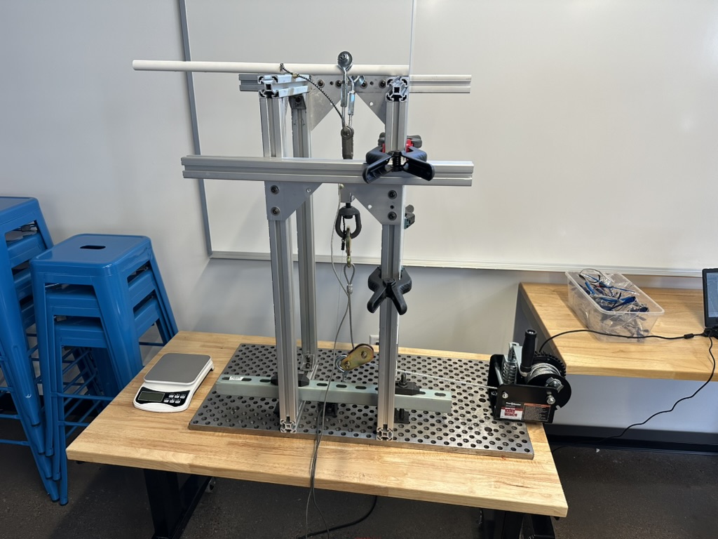The test rig: tower, rod, yoke, load cell, winch, and the scale for weighing bridges.
